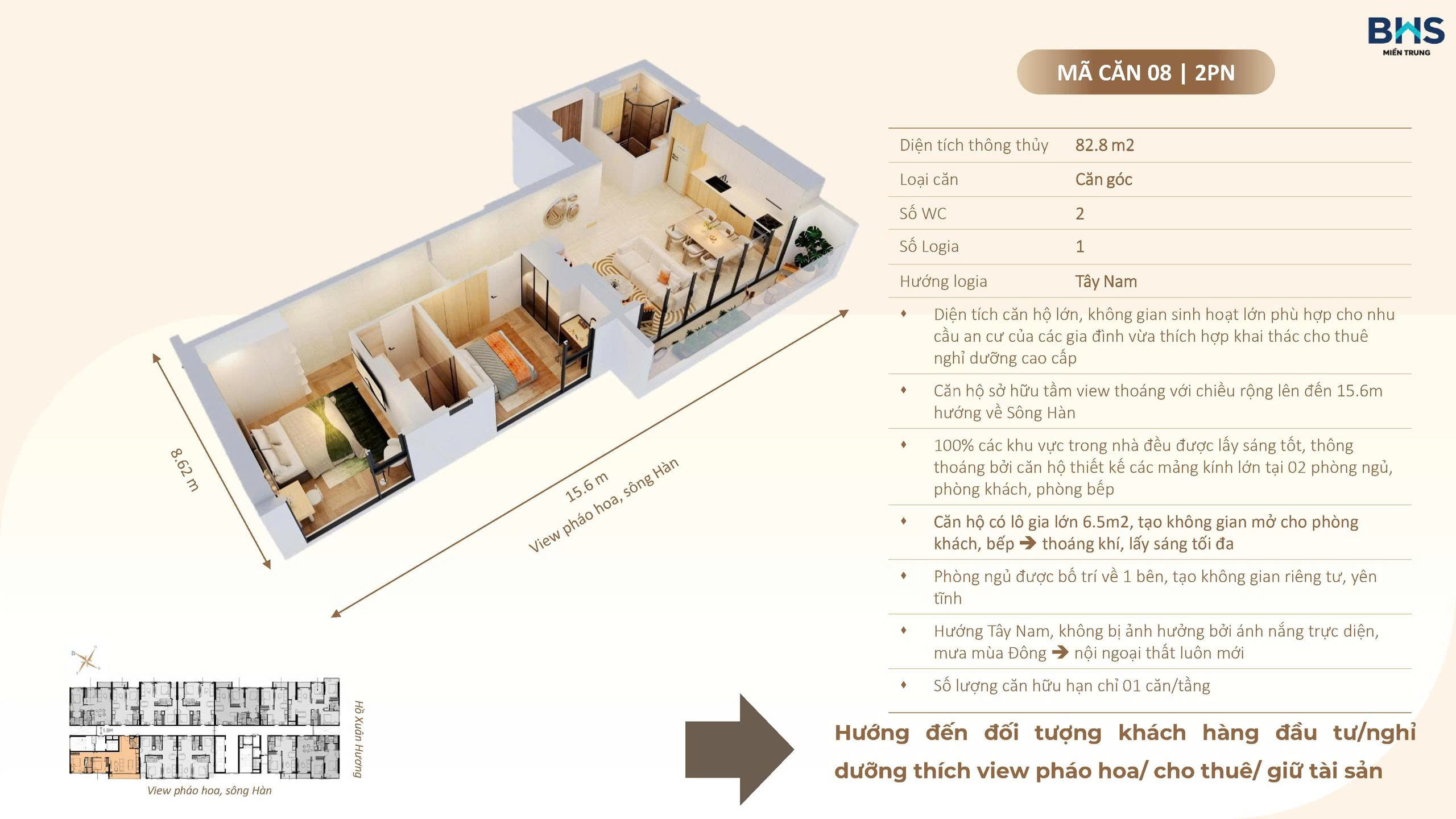 Layout The Poet Residence – Thiết Kế Thông Minh, Tối Ưu Không Gian Sống 18 Layout bố trí căn hộ 2PN góc pháo hoaThe Poet Residence Đà Nẵng